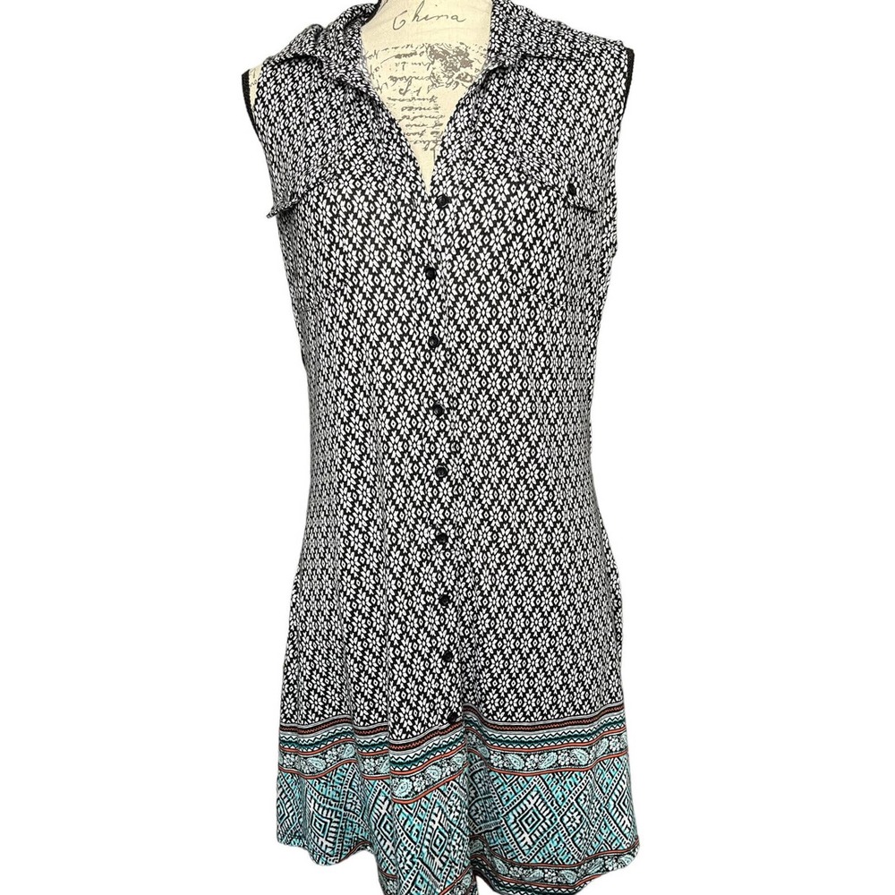 No Comment Tribal Floral Print Collared Button Up Sundress Size L